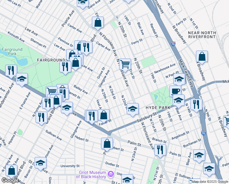 map of restaurants, bars, coffee shops, grocery stores, and more near 4006 North 23rd Street in St. Louis