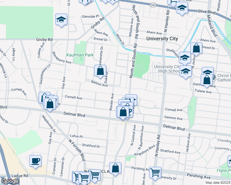 map of restaurants, bars, coffee shops, grocery stores, and more near 7745 Stanford Avenue in University City