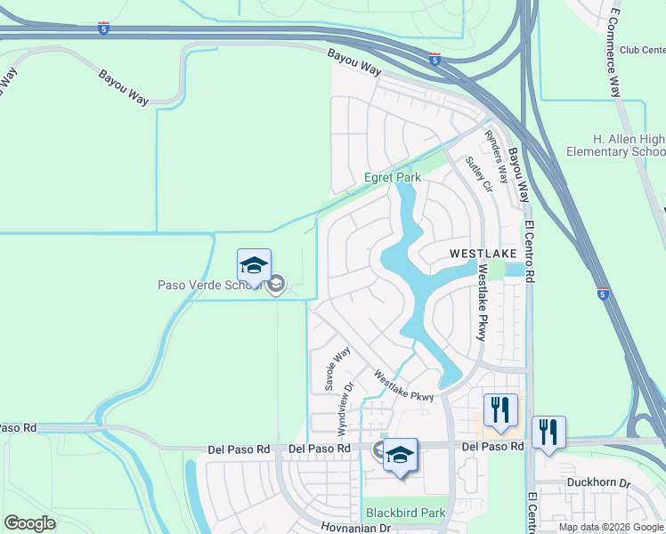 map of restaurants, bars, coffee shops, grocery stores, and more near 341 Hawkcrest Circle in Sacramento