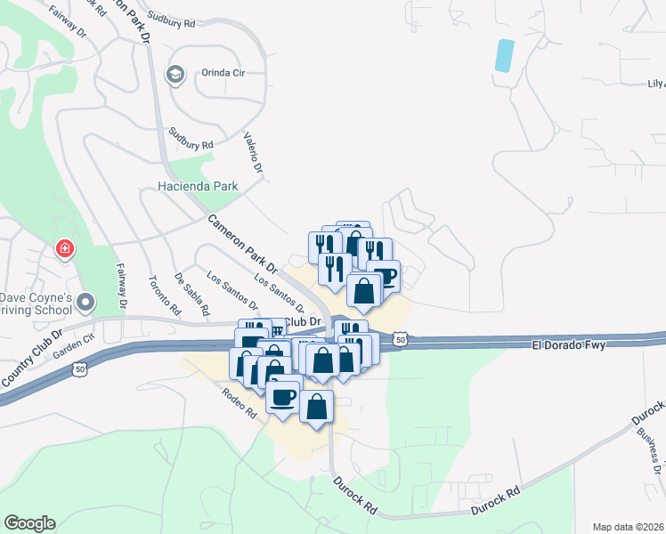 map of restaurants, bars, coffee shops, grocery stores, and more near 3433 Palmer Drive in Cameron Park