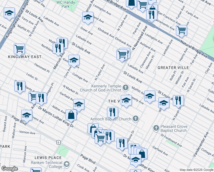 map of restaurants, bars, coffee shops, grocery stores, and more near 4426 Kennerly Avenue in St. Louis