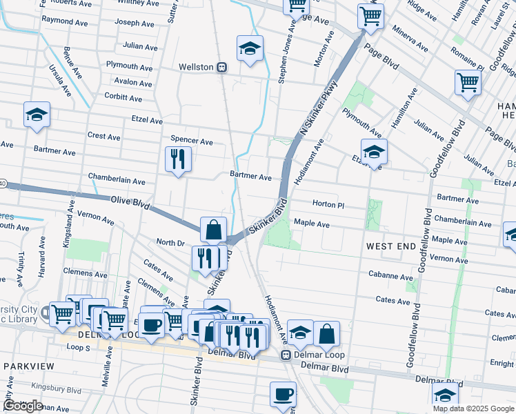 map of restaurants, bars, coffee shops, grocery stores, and more near 1019 North Skinker Parkway in St. Louis