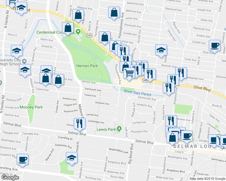 map of restaurants, bars, coffee shops, grocery stores, and more near 7015 Dartmouth Avenue in University City