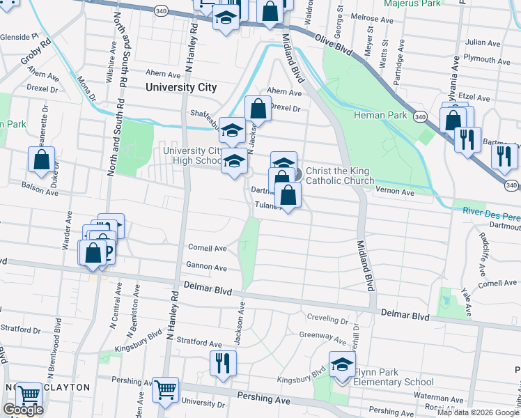 map of restaurants, bars, coffee shops, grocery stores, and more near 7353 Tulane Avenue in University City