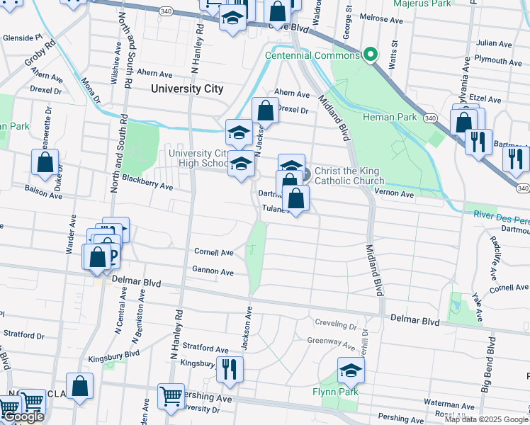 map of restaurants, bars, coffee shops, grocery stores, and more near 845 Jackson Avenue in University City