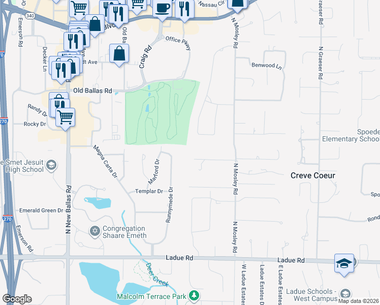 map of restaurants, bars, coffee shops, grocery stores, and more near 11351 Mosley Ln in St Louis