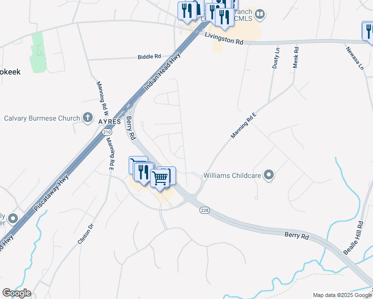 map of restaurants, bars, coffee shops, grocery stores, and more near 16600 Tortola Drive in Accokeek