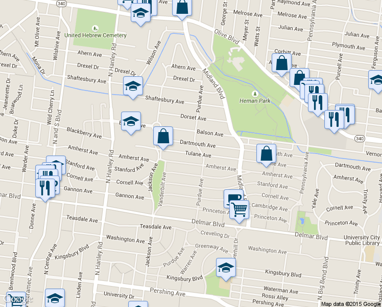 map of restaurants, bars, coffee shops, grocery stores, and more near 7319 Tulane Avenue in University City