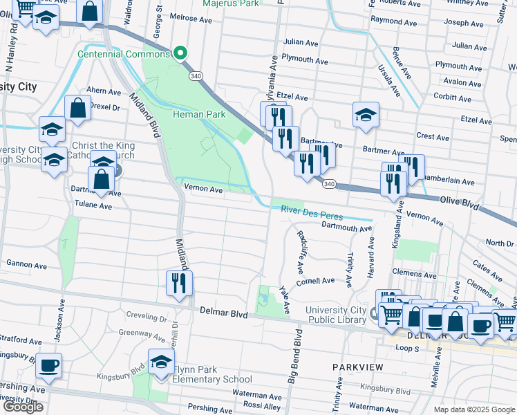 map of restaurants, bars, coffee shops, grocery stores, and more near 7015 Dartmouth Avenue in University City