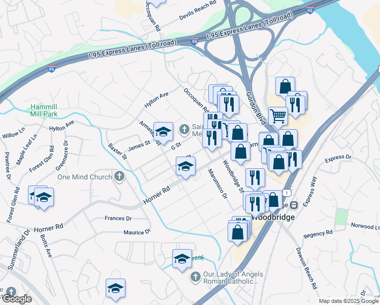 map of restaurants, bars, coffee shops, grocery stores, and more near 1408 F Street in Woodbridge