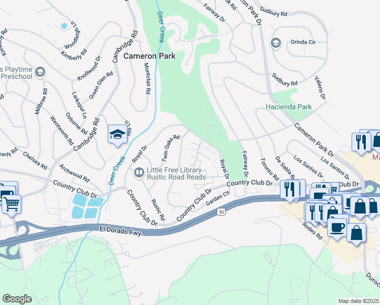 map of restaurants, bars, coffee shops, grocery stores, and more near 3228 Heights Drive in Cameron Park