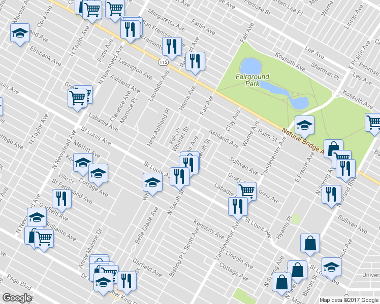 map of restaurants, bars, coffee shops, grocery stores, and more near 3036 Fair Avenue in St. Louis