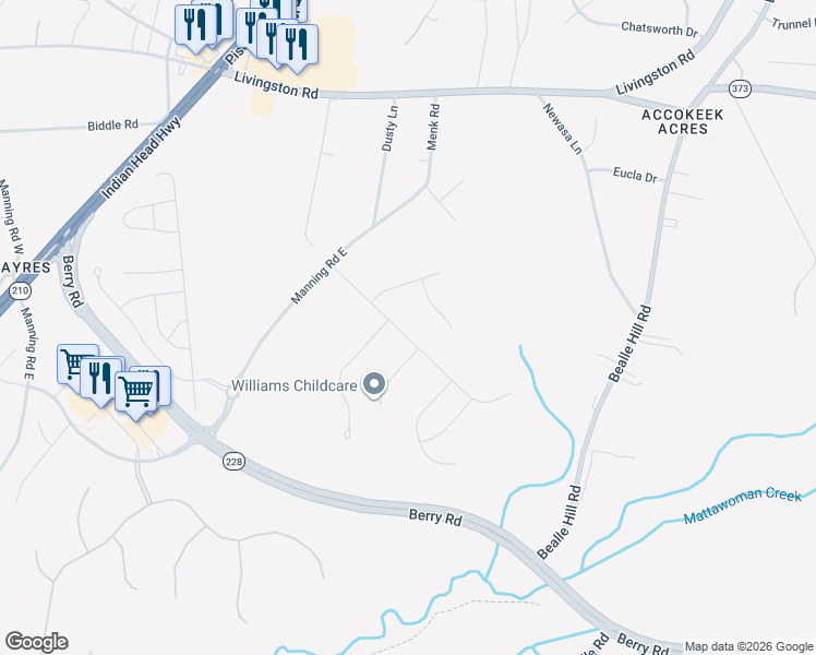 map of restaurants, bars, coffee shops, grocery stores, and more near 16508 Rolling Tree Road in Accokeek