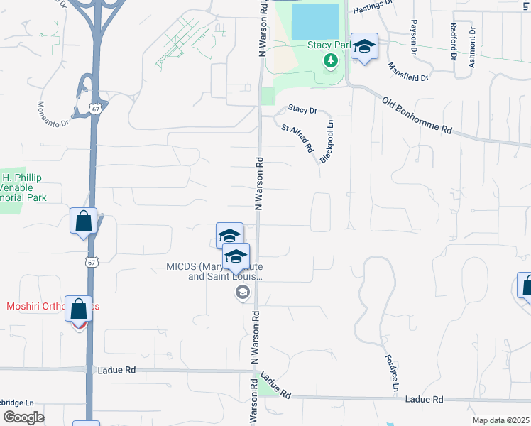 map of restaurants, bars, coffee shops, grocery stores, and more near 476 North Warson Road in St. Louis