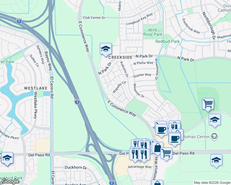 map of restaurants, bars, coffee shops, grocery stores, and more near 4941 Lieto Way in Sacramento