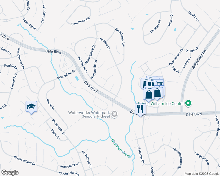 map of restaurants, bars, coffee shops, grocery stores, and more near 13448 Nystrom Court in Woodbridge
