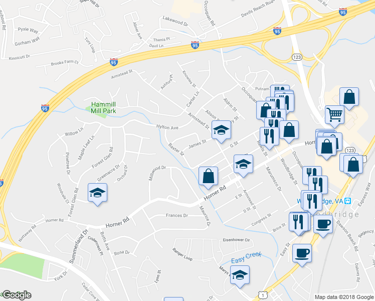 map of restaurants, bars, coffee shops, grocery stores, and more near 1523 James Street in Woodbridge