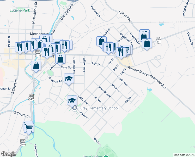 map of restaurants, bars, coffee shops, grocery stores, and more near 209 1st Street in Luray
