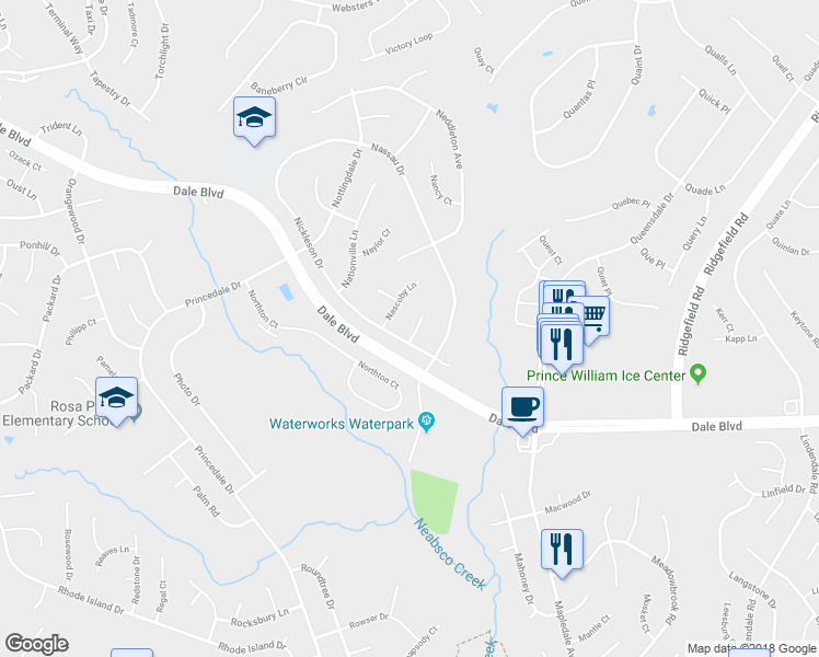 map of restaurants, bars, coffee shops, grocery stores, and more near 13448 Nystrom Court in Woodbridge