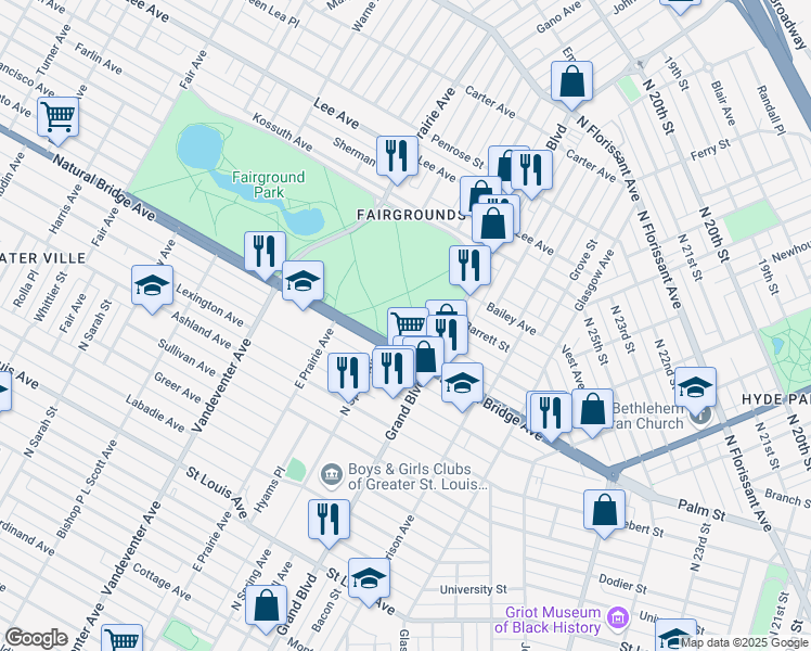 map of restaurants, bars, coffee shops, grocery stores, and more near North Spring Avenue in Saint Louis