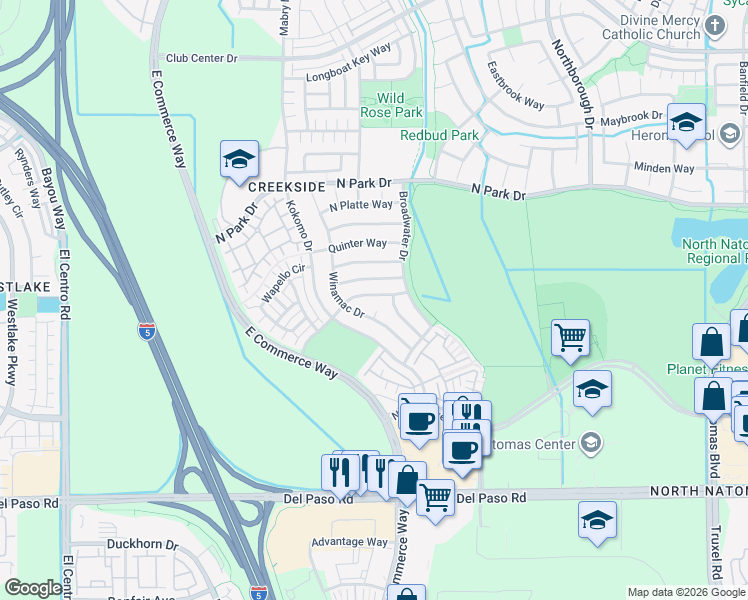 map of restaurants, bars, coffee shops, grocery stores, and more near 2930 Ottumwa Drive in Sacramento