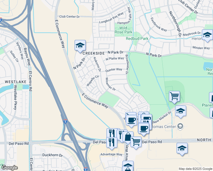 map of restaurants, bars, coffee shops, grocery stores, and more near 4909 Winamac Drive in Sacramento