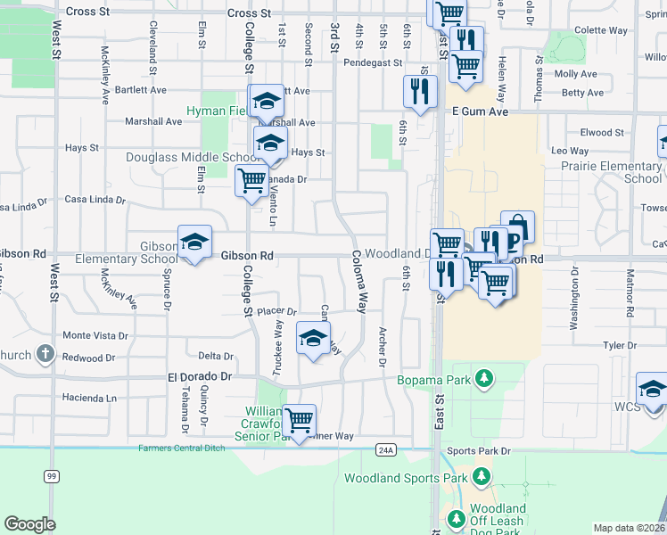 map of restaurants, bars, coffee shops, grocery stores, and more near 715 Camino Way in Woodland