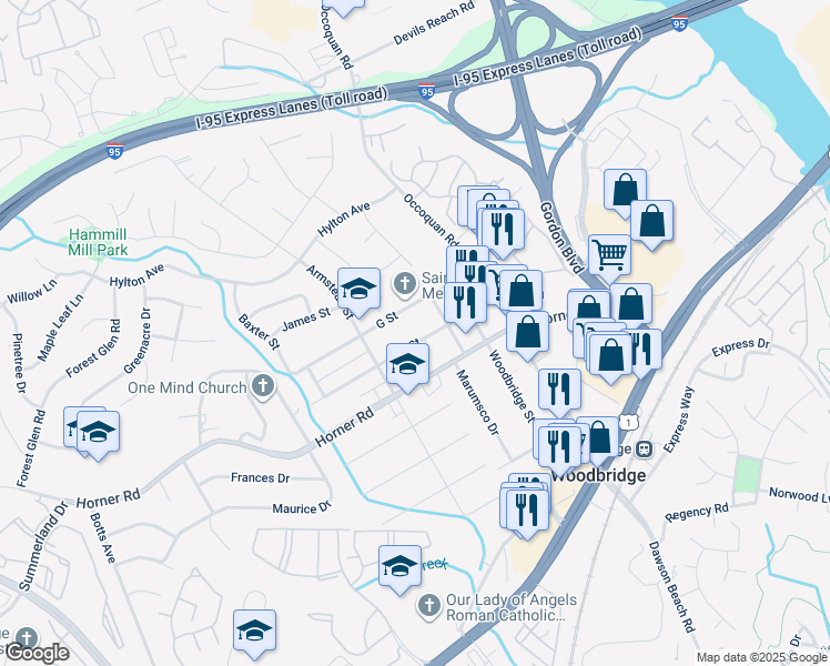 map of restaurants, bars, coffee shops, grocery stores, and more near 1408 F Street in Woodbridge