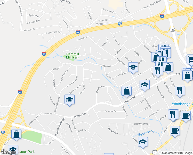 map of restaurants, bars, coffee shops, grocery stores, and more near 1706 Varsity Dr in Woodbridge