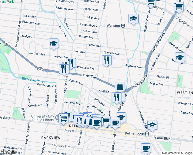 map of restaurants, bars, coffee shops, grocery stores, and more near 6500 Maple Avenue in University City