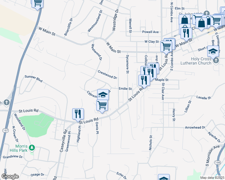 map of restaurants, bars, coffee shops, grocery stores, and more near 200 Emilie Street in Collinsville