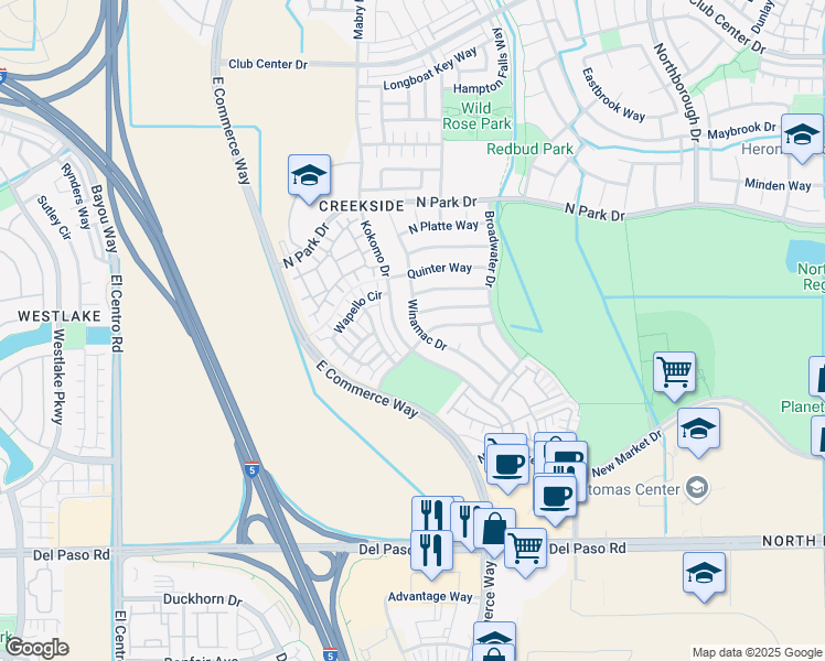 map of restaurants, bars, coffee shops, grocery stores, and more near 4909 Winamac Drive in Sacramento