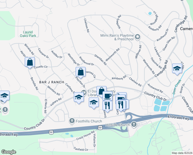 map of restaurants, bars, coffee shops, grocery stores, and more near 2561 Solano Road in Cameron Park