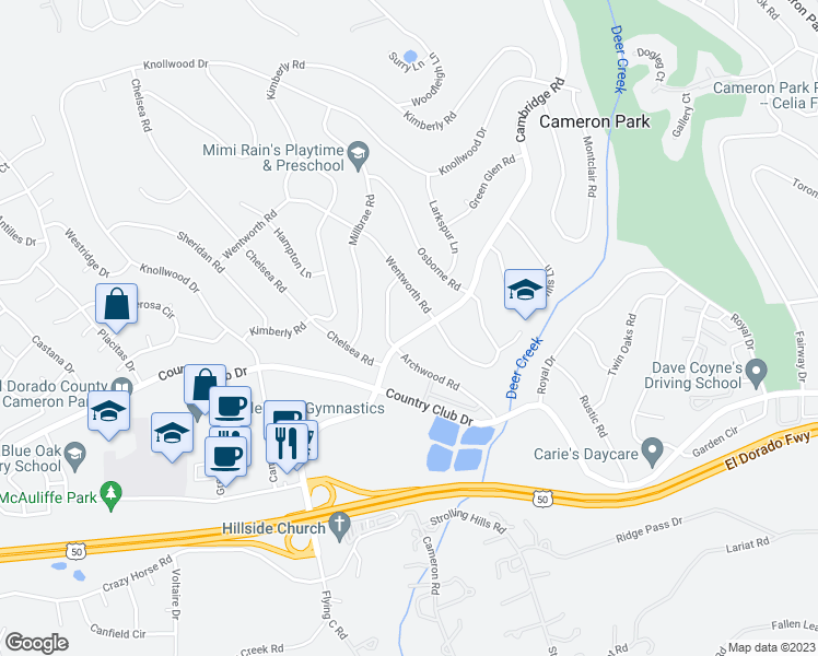 map of restaurants, bars, coffee shops, grocery stores, and more near 3788 Cambridge Road in Cameron Park