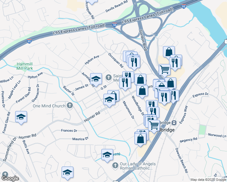 map of restaurants, bars, coffee shops, grocery stores, and more near 1406 F Street in Woodbridge
