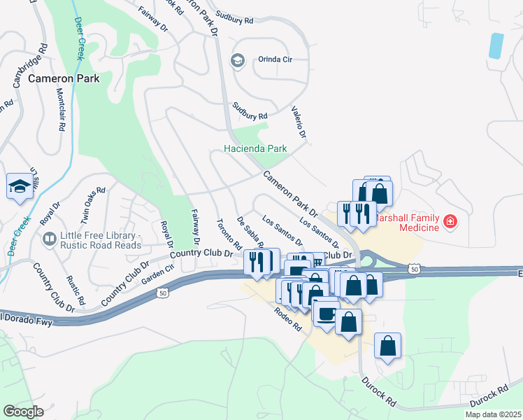 map of restaurants, bars, coffee shops, grocery stores, and more near 3800 Los Santos Drive in Cameron Park