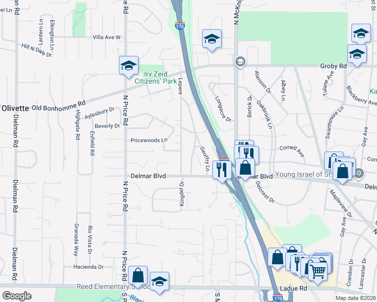map of restaurants, bars, coffee shops, grocery stores, and more near 643 West Canterbury Road in St. Louis