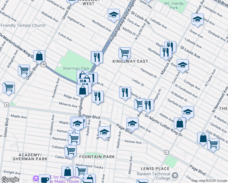 map of restaurants, bars, coffee shops, grocery stores, and more near 4836 Cote Brilliante Avenue in St. Louis