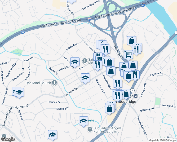 map of restaurants, bars, coffee shops, grocery stores, and more near 1406 F Street in Woodbridge