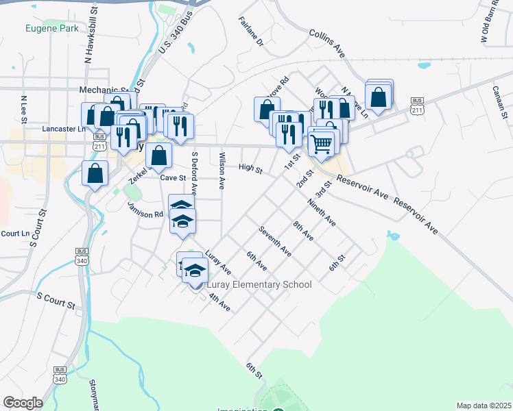 map of restaurants, bars, coffee shops, grocery stores, and more near 209 1st Street in Luray