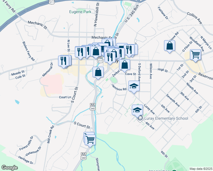 map of restaurants, bars, coffee shops, grocery stores, and more near 8 Park Lane in Luray