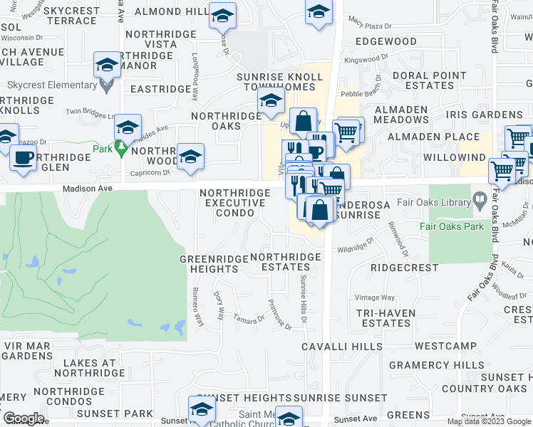 map of restaurants, bars, coffee shops, grocery stores, and more near 5308 Primrose Drive in Fair Oaks