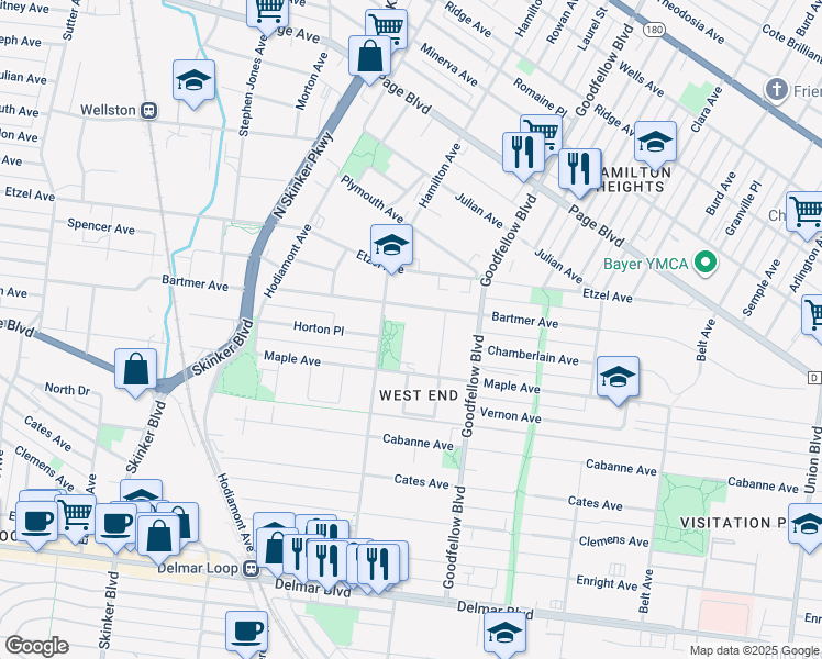 map of restaurants, bars, coffee shops, grocery stores, and more near 18 Parkland Place in St. Louis