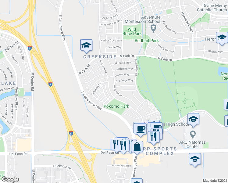 map of restaurants, bars, coffee shops, grocery stores, and more near 4909 Winamac Drive in Sacramento
