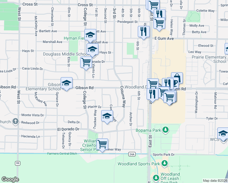 map of restaurants, bars, coffee shops, grocery stores, and more near 715 Camino Way in Woodland