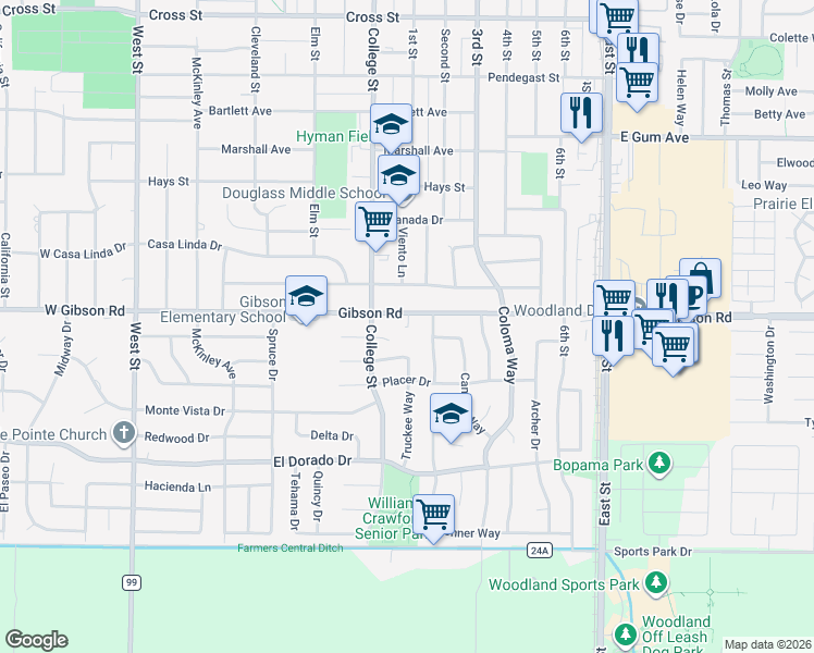 map of restaurants, bars, coffee shops, grocery stores, and more near 1418 Norden Way in Woodland