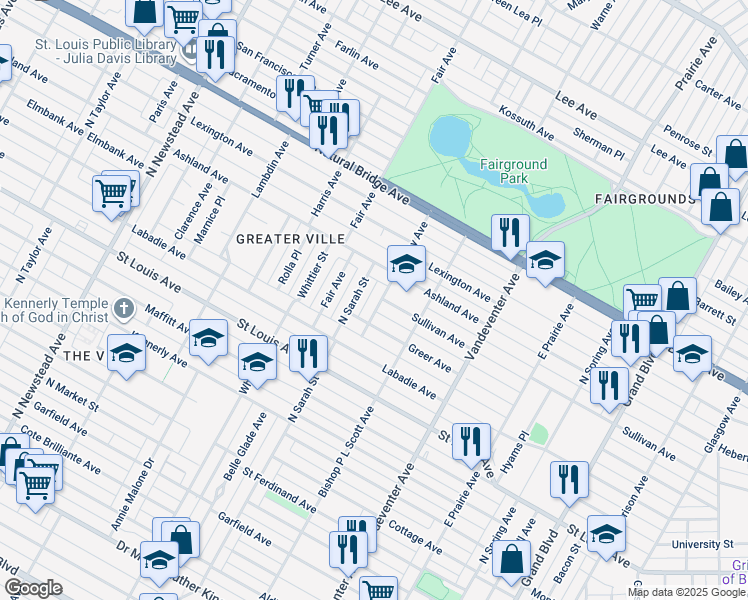 map of restaurants, bars, coffee shops, grocery stores, and more near 3120 North Sarah Street in St. Louis