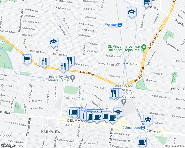 map of restaurants, bars, coffee shops, grocery stores, and more near 6500 Maple Avenue in University City