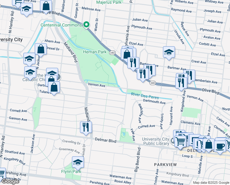 map of restaurants, bars, coffee shops, grocery stores, and more near 7049 Dartmouth Avenue in University City