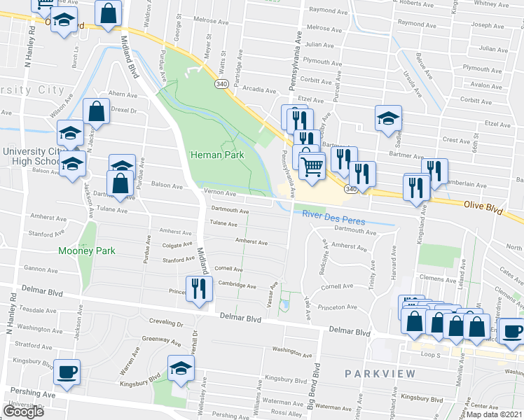 map of restaurants, bars, coffee shops, grocery stores, and more near 7049 Dartmouth Avenue in University City